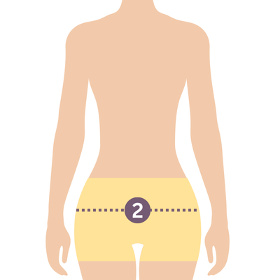 Rückansicht einer weiblichen Figur mit Markierung zur Messung des Hüftumfangs